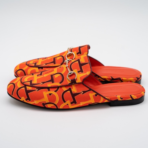 size 39.5G 9.5 US Gucci Princetown Horsebit Print Orange Mules Slip On - Picture 4 of 13